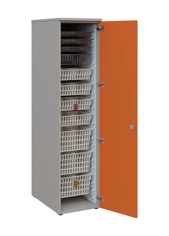 EUROMEDICA D - 46 skříň léková boxová, 1-dveřová, pravá, 1950x460x735, korpus šedý, dvířka mandarinka